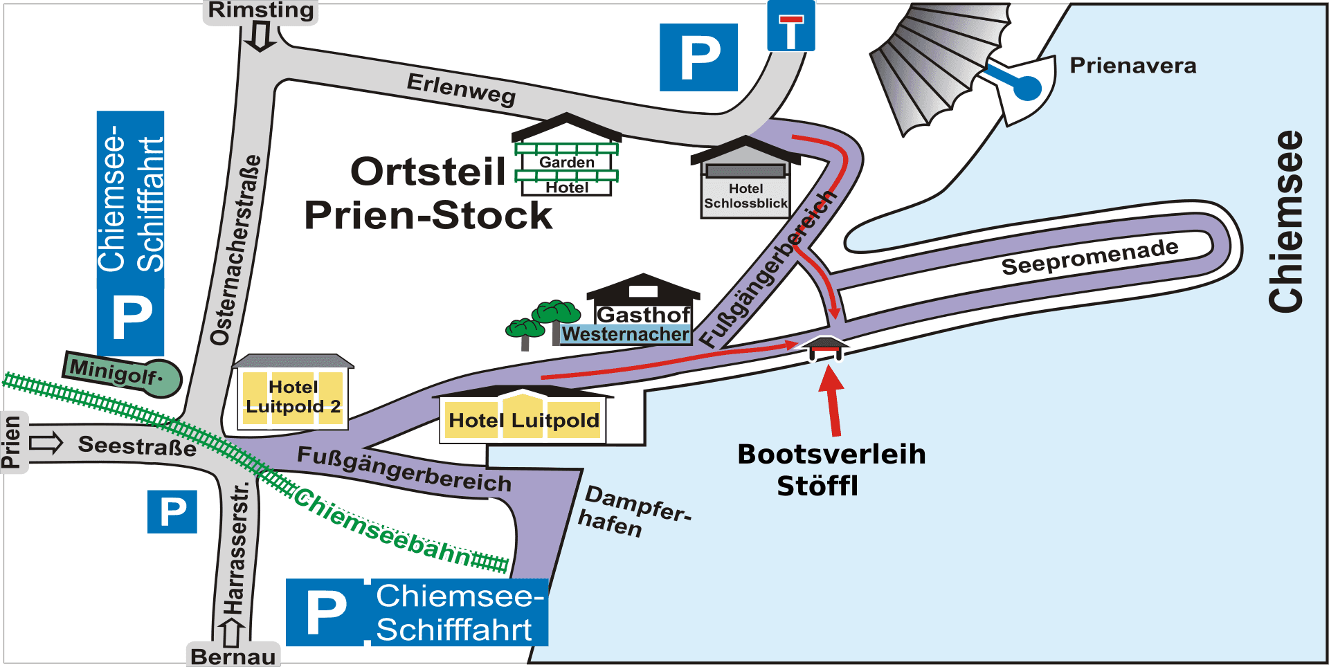 Karte, die den Standort des Bootverleihs Stöffl zeigt